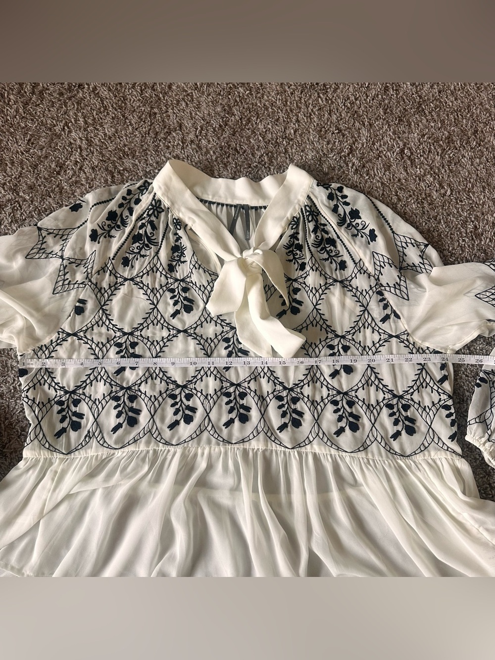 Anthropologie White Blouse with Black Floral Embroidery and Tie Neck - Picture 9 of 9